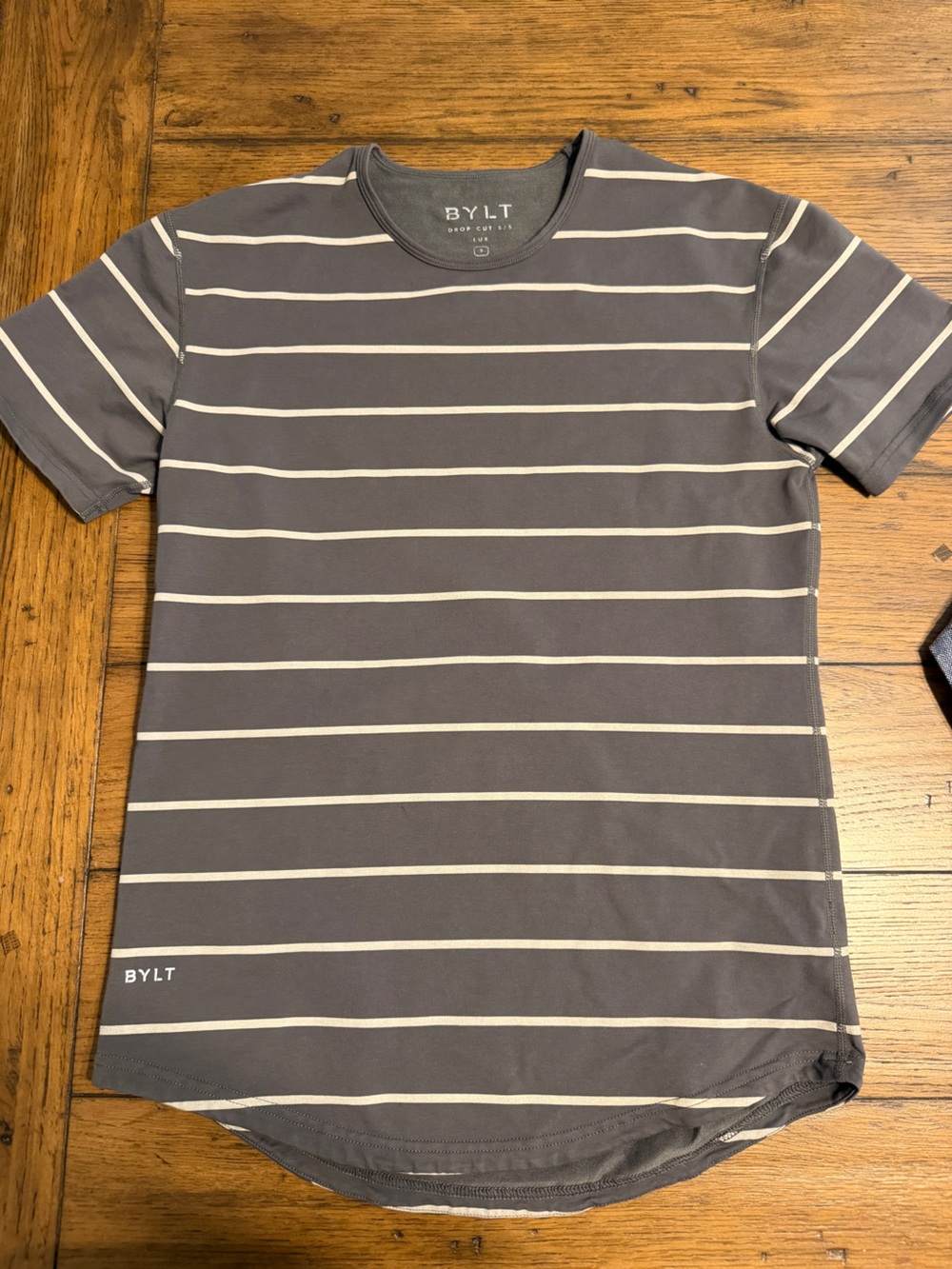 BYLT Basics Gray and White Striped Short Sleeve Crew